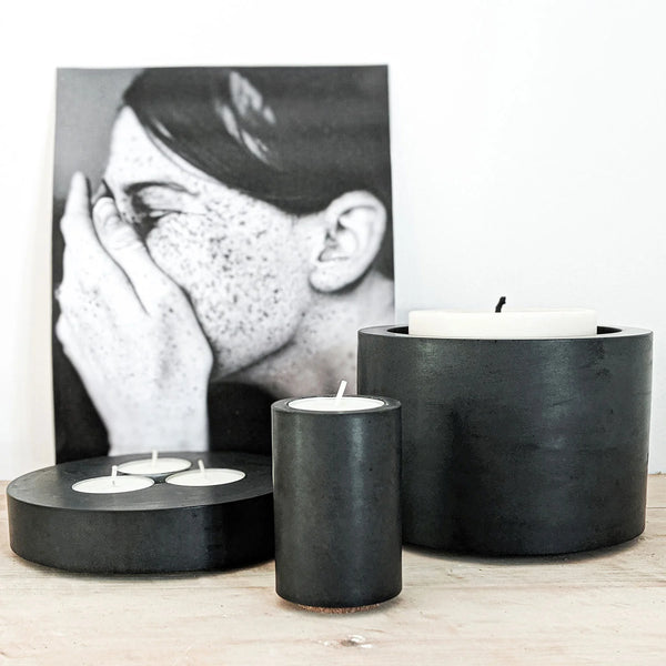 Large Concrete Pot and 3-Wick Candle Set - Black