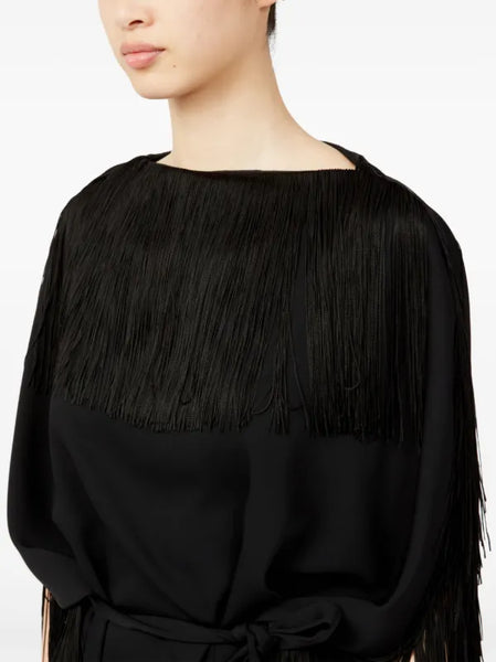 fringe-detail belted midi dress