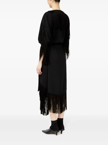 fringe-detail belted midi dress