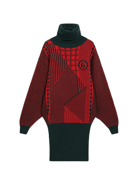 geometric-pattern roll-neck mini dress