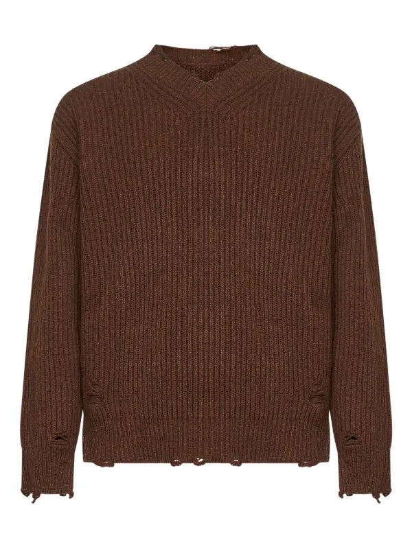 ribbed v-neck distressed sweater