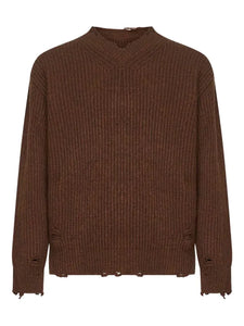 ribbed v-neck distressed sweater