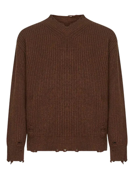 ribbed v-neck distressed sweater