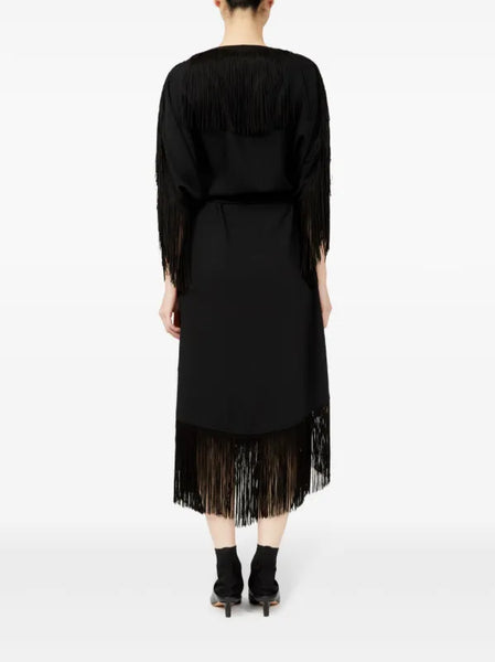 fringe-detail belted midi dress